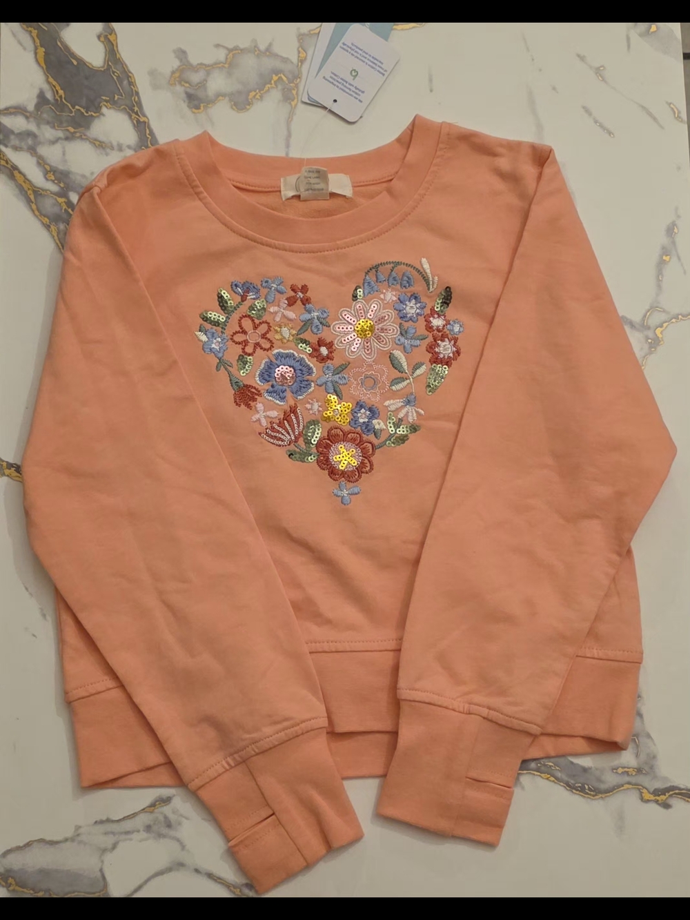 Peek Peach Crewneck Sweatshirt with Floral Heart Embroidery